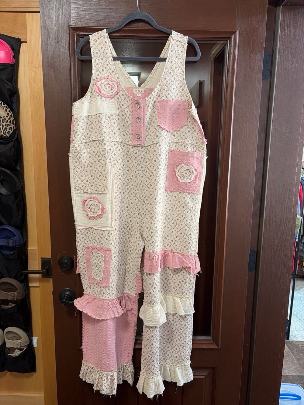 POL Cream and Pink Patchwork Ruffle Overalls